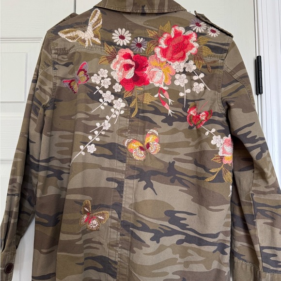 Johnny Was Olive Camouflage Jacket with Red Floral Accents - Picture 3 of 6